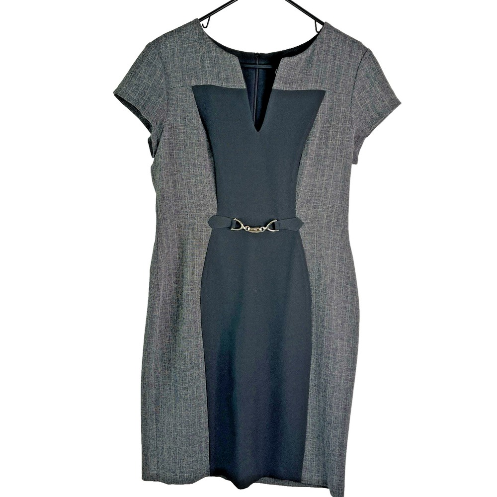 Black Grey Colorblock Sheath Career Office Dress  Metal Embellishment Stretch 10